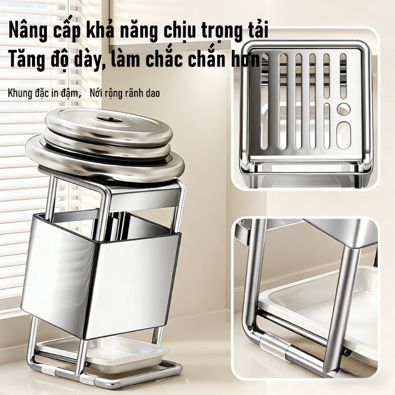 Giá Để Dao Kệ Bếp Thép Cacbon - Kèm Khay Hứng Nước, Thiết Kế Nhỏ Gọn, Tiết Kiệm Không Gian
