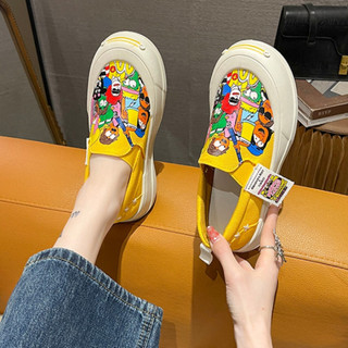 Plus Size Graffiti Giày Vải Nữ 2025 Mới Đầu Tròn Muffin Đáy Slipon