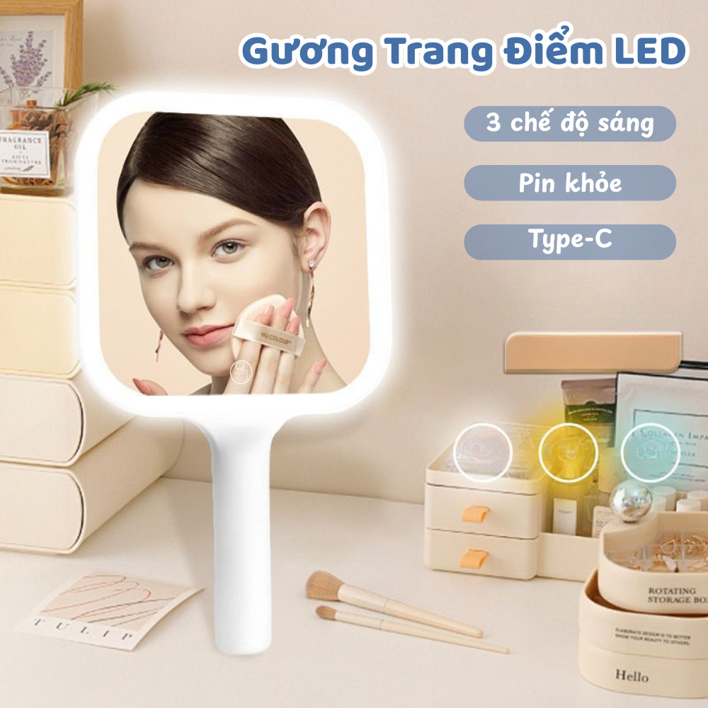 Gương Trang Điểm LED Cầm Tay 3 Chế Độ Ánh Sáng, Gương Makeup Sạc Type-C HD Nhỏ Gọn Nhamoi
