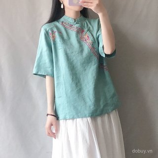 Hanfu Top Qipao nữ phong cách dân tộc retro, thêu tay, chất liệu cotton và lanh, màu sắc đơn giản, cổ khóa - phù hợp mùa hè