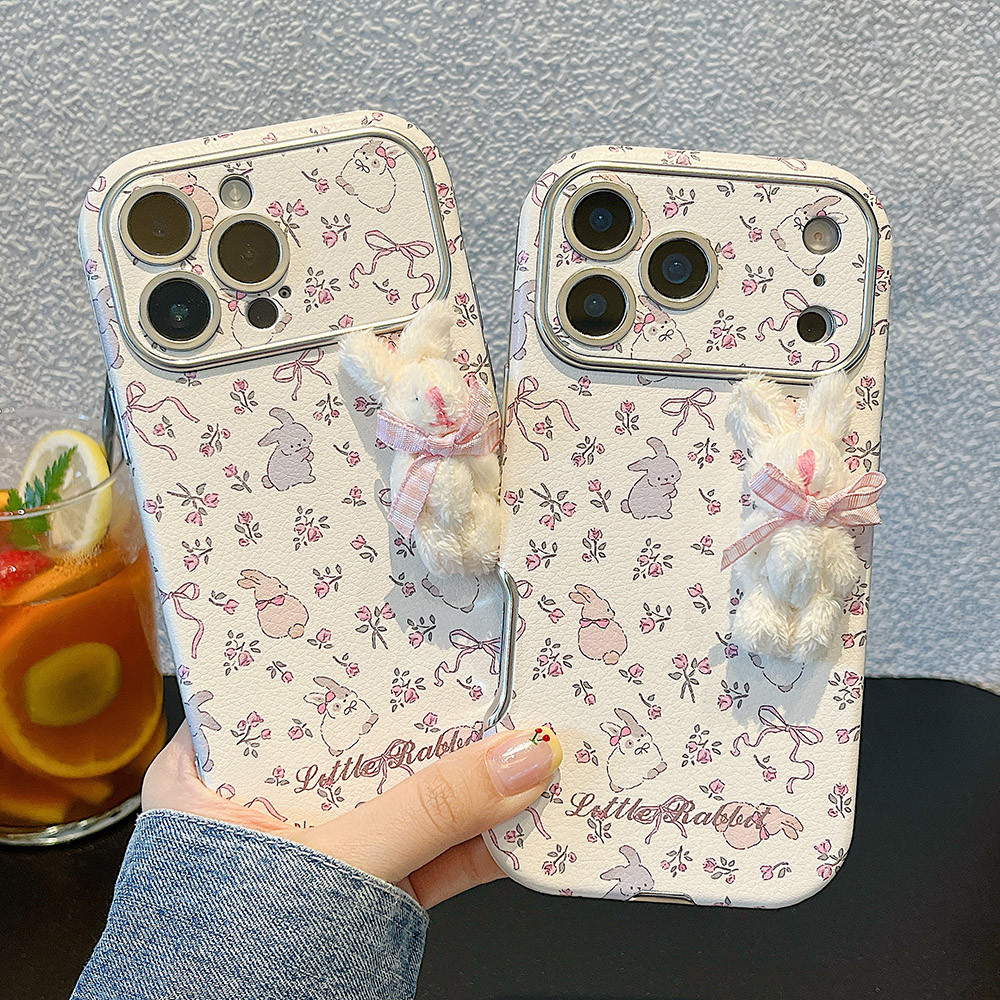 Ốp điện thoại da cửa sổ búp bê thỏ 3D cho iPhone 17 Pro Max 16 15 14 13 Vỏ bảo vệ chống sốc