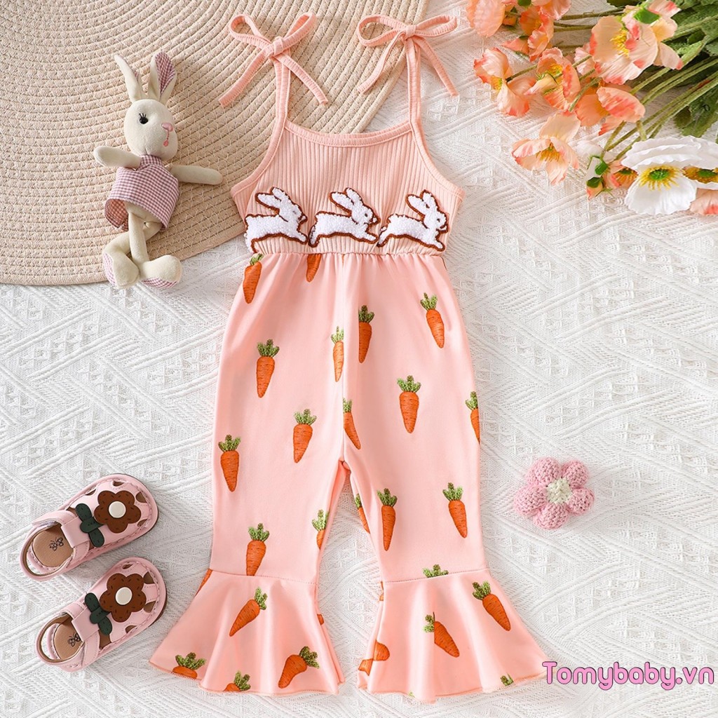 Trẻ Em Bé Gái Phục Sinh Cami Áo liền quần Không Tay Cà Rốt Thỏ Thêu loe Romper