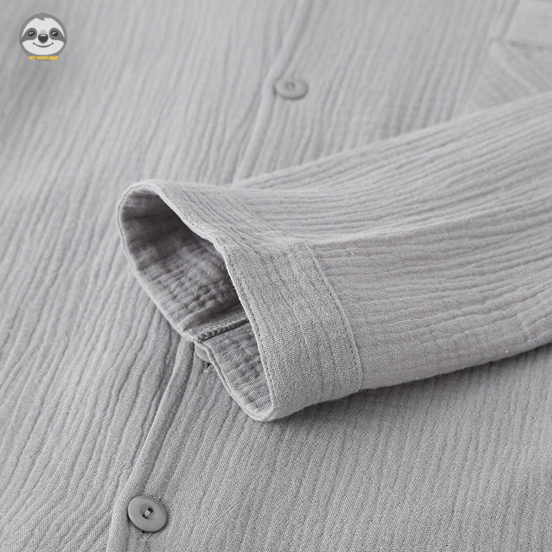 Phong Cách Nhật Bản Phong Cách Đơn Giản Nam Đơn Sắc Sợi Hai Lớp Cotton Nguyên Chất Quần Dài Tay Bộ Đồ Ngủ / Sợi Cotton Hai Lớp Cardigan Màu Trơn Xuân Thu Loungewear