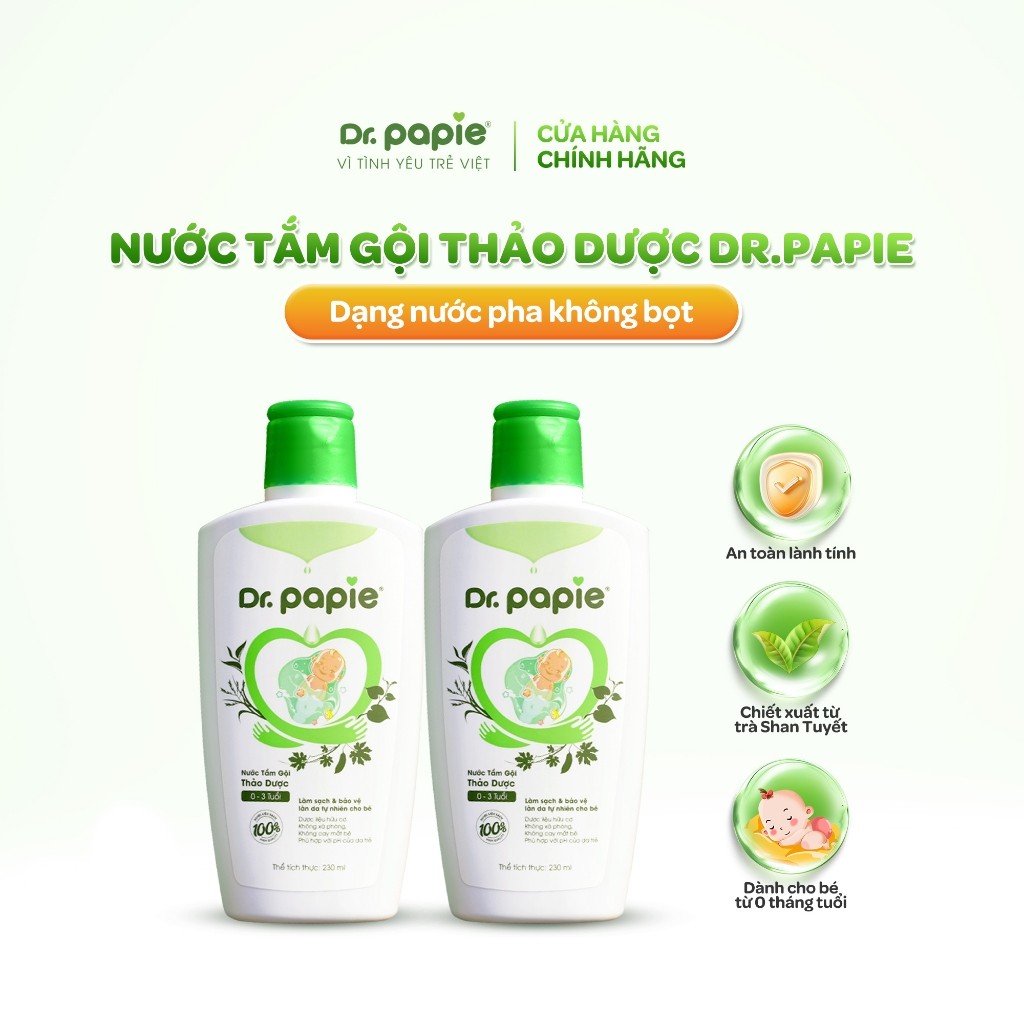 Combo 2 chai Nước tắm thảo dược Dr.Papie giúp giảm mẩn ngứa rôm sảy, an toàn cho bé sơ sinh (230ml/chai)