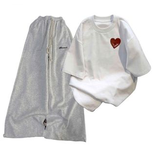 sét bộ đồ nữ Quần dài da cá xám đậm chữ kí + phối áo phông  màu trắng in chữ -thuba94