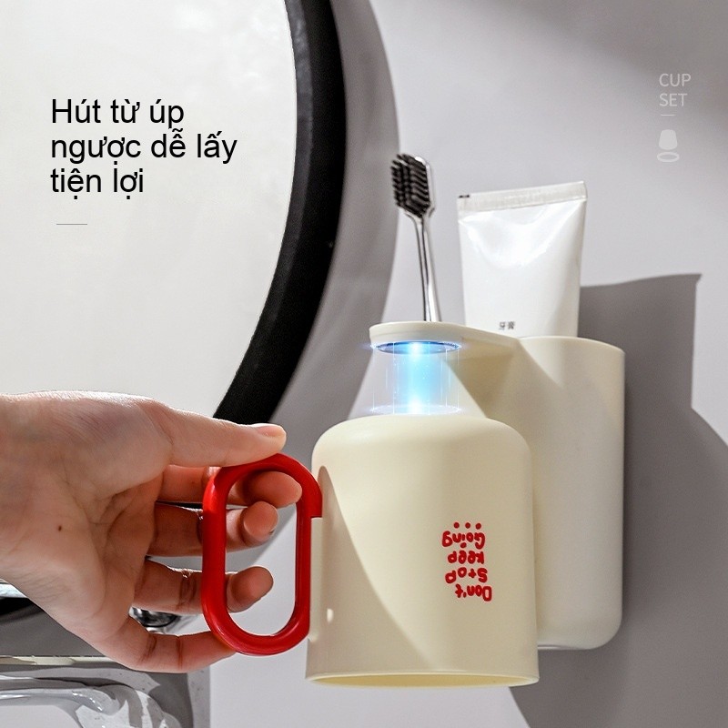 Giá Để Bàn Chải Đánh Răng Treo Tường Không Đục Lỗ, Cốc Nước súc Miệng Từ Tính 2 Trong