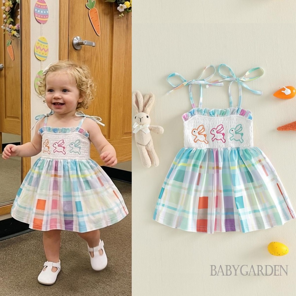 Váy kẻ sọc Phục sinh cho bé gái 6M-4Y | Váy chống nắng dây đeo Spaghetti thêu thỏ