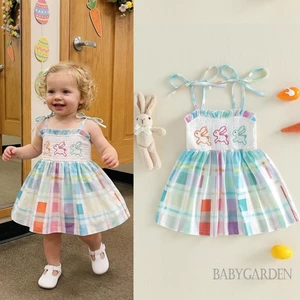 Váy kẻ sọc Phục sinh cho bé gái 6M-4Y | Váy chống nắng dây đeo Spaghetti thêu thỏ