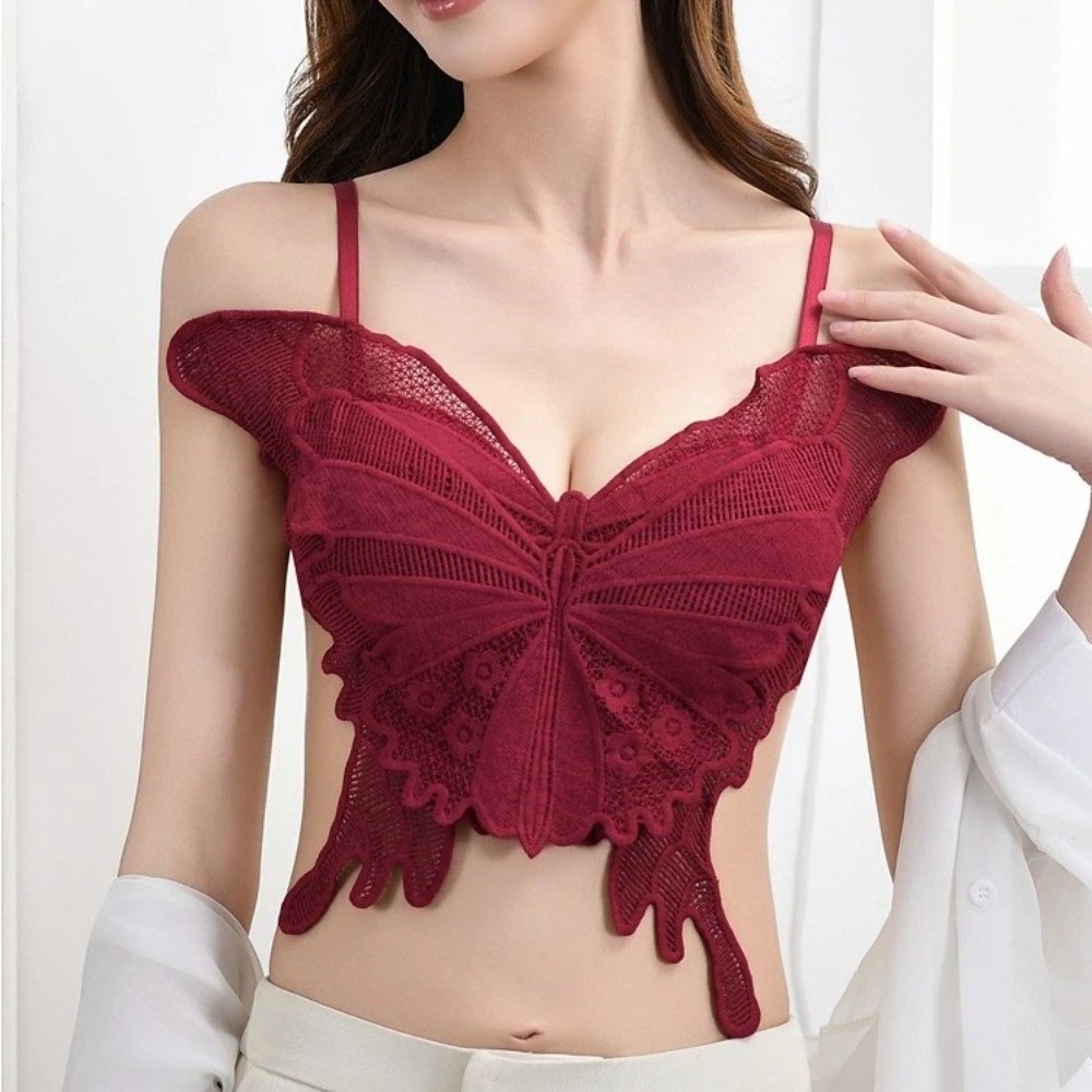 Áo ngực bướm hở lưng màu xám, Áo Vest rỗng có đệm vừa vặn, mặc đi biển ngọt ngào phong cách Hàn Quốc Áo hai dây ren nữ