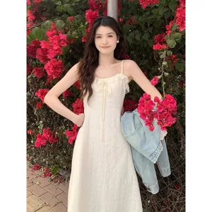 MUTU | Đầm chữ A bé gái mùa hè với ren trắng viền và eo cinched, style vintage cao cấp