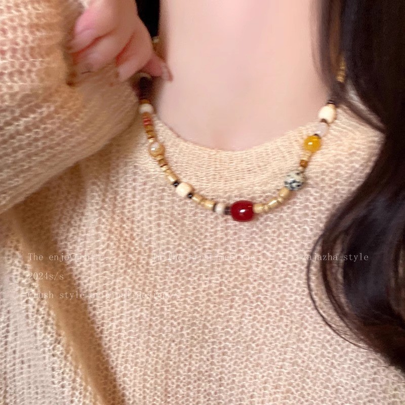 Vòng cổ gỗ phong cách retro và dân tộc Trung Quốc, thiết kế dây xích xương đòn