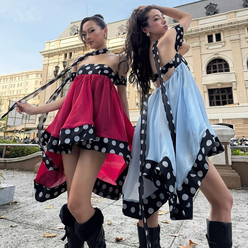 Klalien Xù Không Đều Viền Đầm Nữ Ngọt Ngào Chấm Bi In Chắp Vá Slash Cổ Không Tay Lưng Thanh Lịch Sang Trọng Bodycon