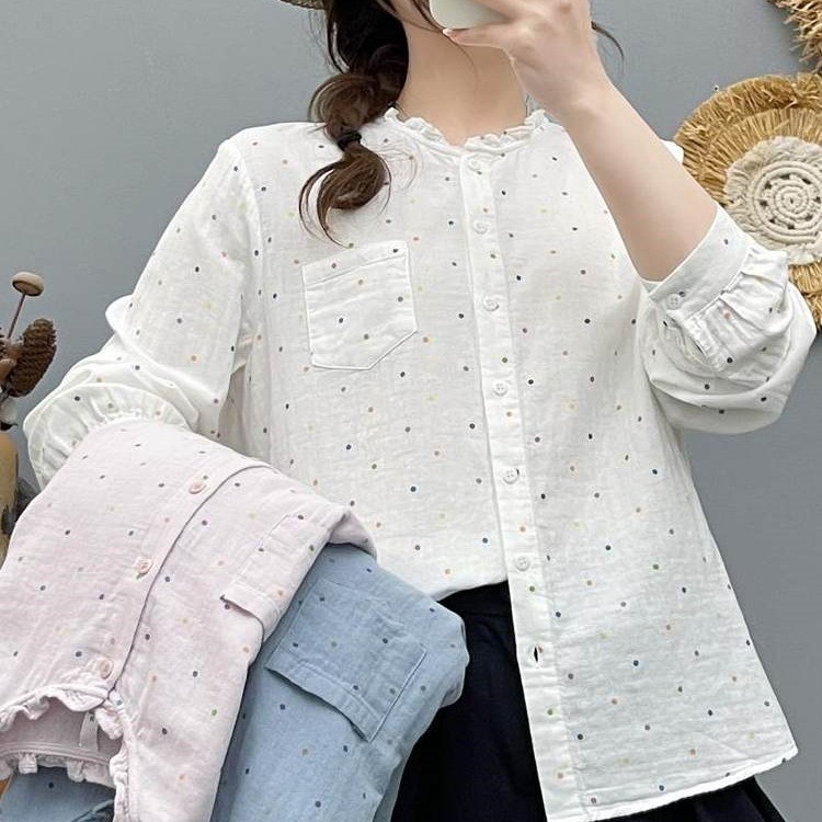 Áo sơ mi nữ 100% sợi cotton cao cấp, họa tiết chấm bi, thời trang hàng ngày