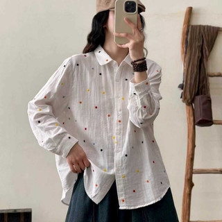 [Hàng có sẵn] Áo sơ mi nữ 100% sợi cotton chất lượng cao thêu cotton mùa xuân mềm mại Áo giảm béo thông thường mới