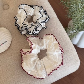 Dây buộc tóc Hululu với thiết kế mới có viền đỏ pháp ren scrunchy, tươi sáng và bóng mượt, phụ kiện hoàn hảo cho đuôi ngựa.