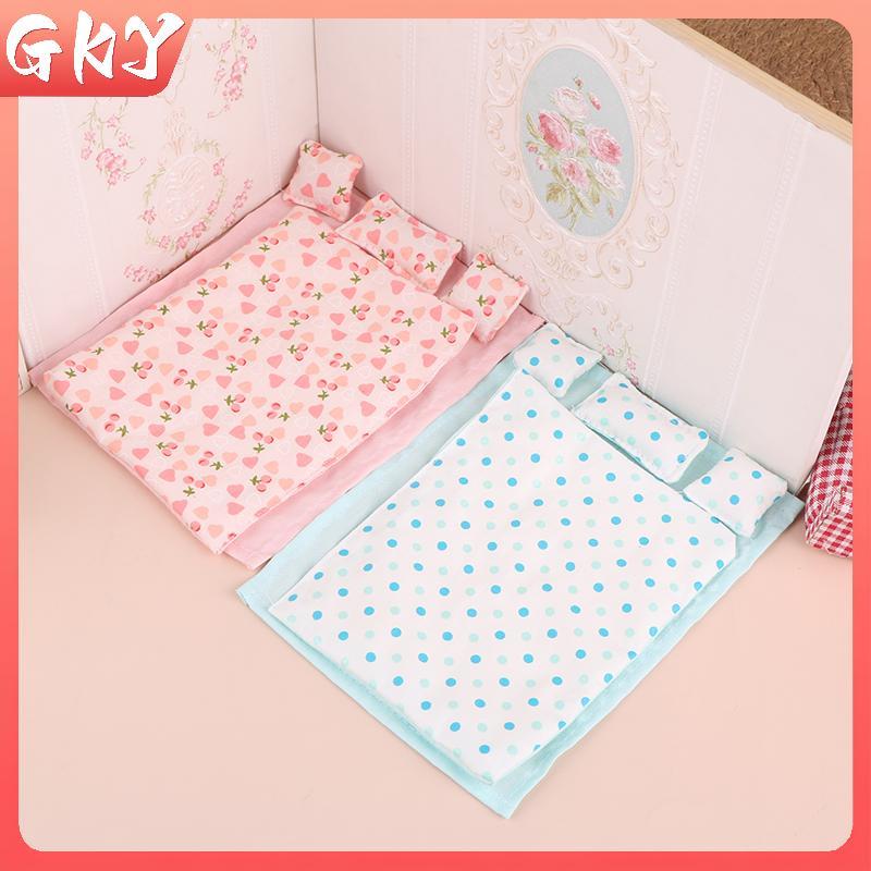 GKY 1 Bộ 1: 12 Nhà Búp Bê Thu Nhỏ Giường Bốn Mảnh Bộ Giường Ga Gối Chăn Chăn Chăn Gối Phòng Ngủ Chăn Ga Gối Mô Hình Trang Trí Đồ Chơi GKY