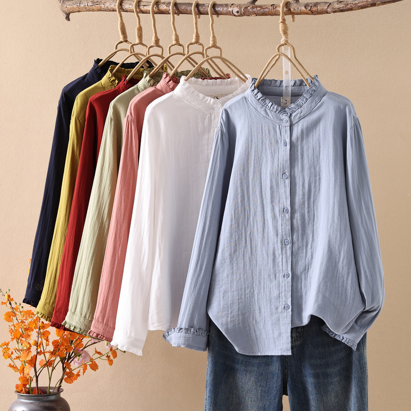 Áo sơ mi nữ 100% cotton cao cấp phong cách mùa xuân Wenyi, cổ áo cardigan ren đứng màu trơn