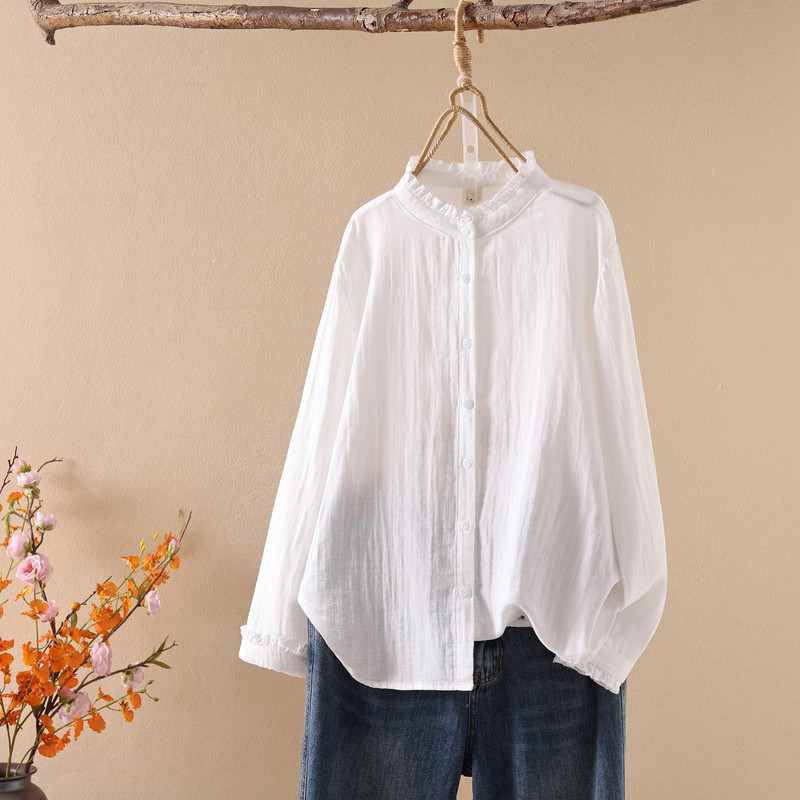 Áo sơ mi nữ 100% cotton cao cấp phong cách mùa xuân Wenyi, cổ áo cardigan ren đứng màu trơn