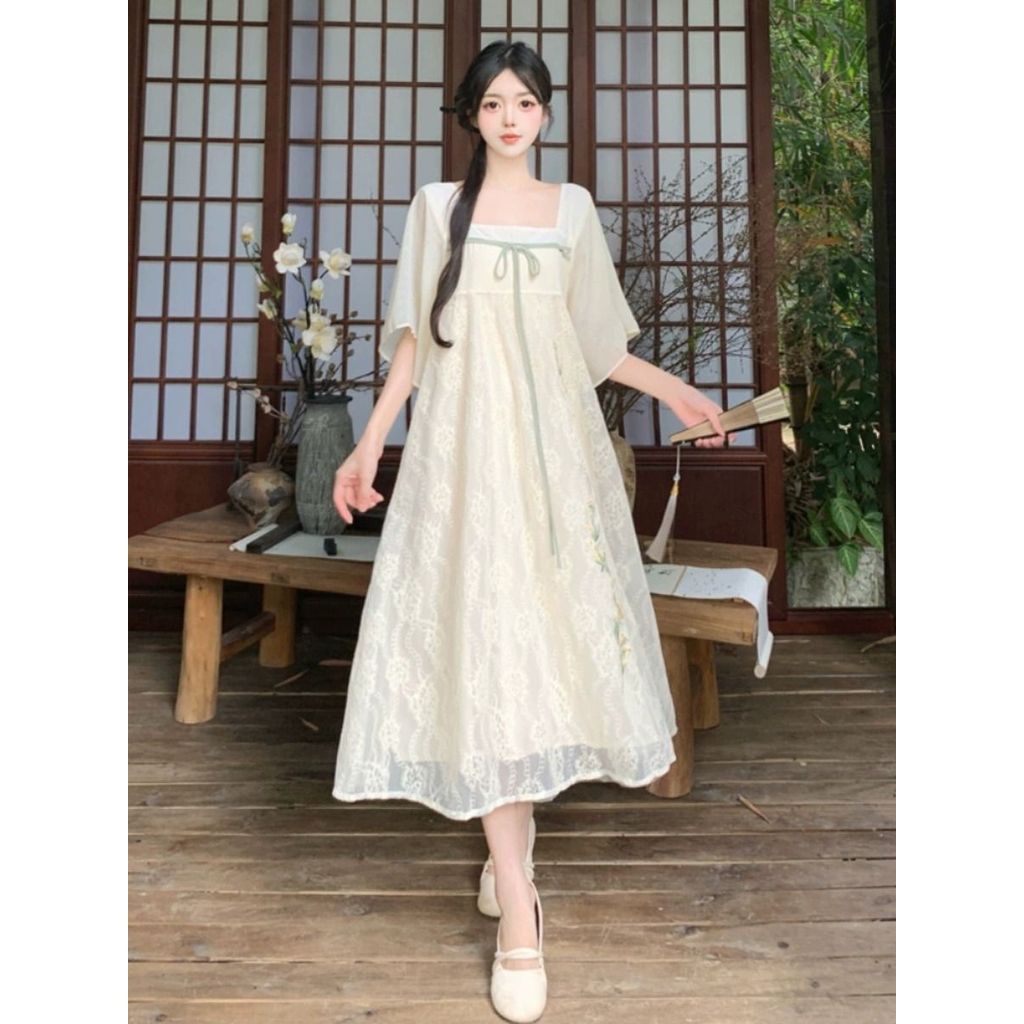 Váy thêu ren phong cách cổ điển Trung Quốc mới dành cho nữ, váy Hanfu dáng rộng dài qua gối cỡ lớn mùa hè