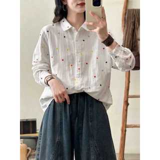 Áo sơ mi nữ cao cấp từ sợi cotton 100%, thiết kế thêu rời, dáng cardigan tay dài