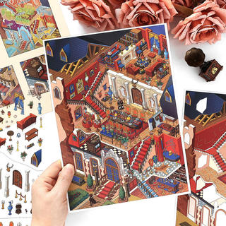 ENWEI 3 Cái [Series Bữa tối của Duke] Nhãn dán phong cảnh chống nước Jumbo 3D với ngôi nhà ấm cúng Thiết kế kiến trúc cổ đại cho sổ lưu niệm Tạp chí Văn phòng phẩm Thủ công