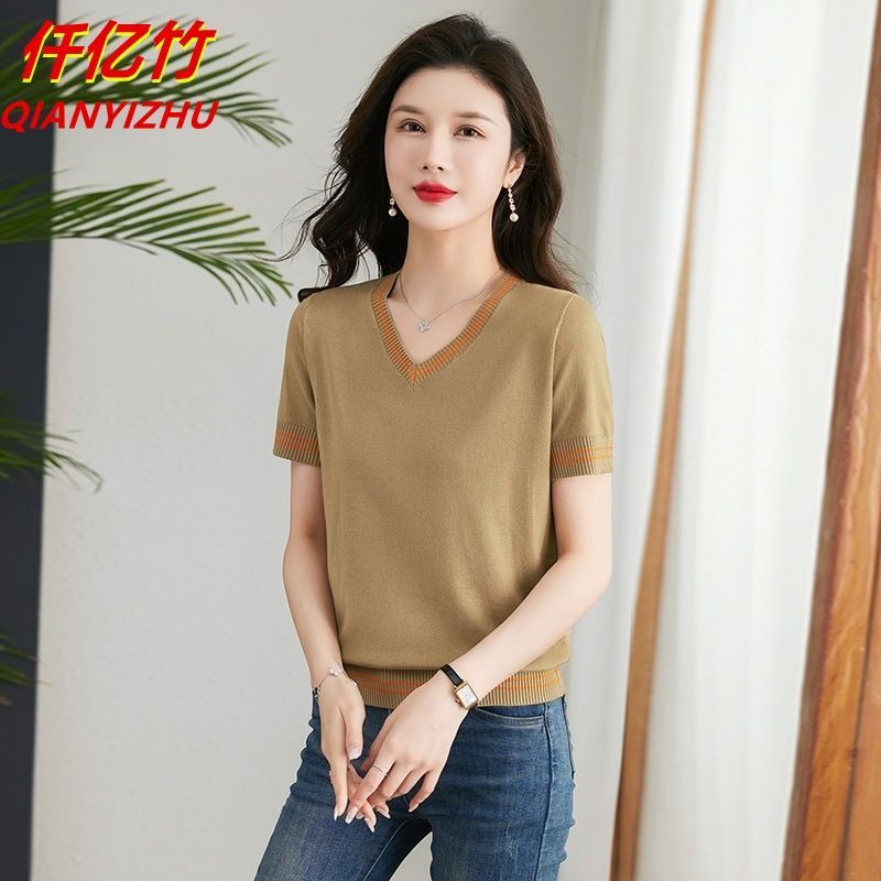 Áo thun ngắn tay dệt kim mỏng phong cách mới mùa hè, thiết kế cổ chữ V và dáng rộng giúp tôn dáng, phù hợp với phụ nữ trẻ