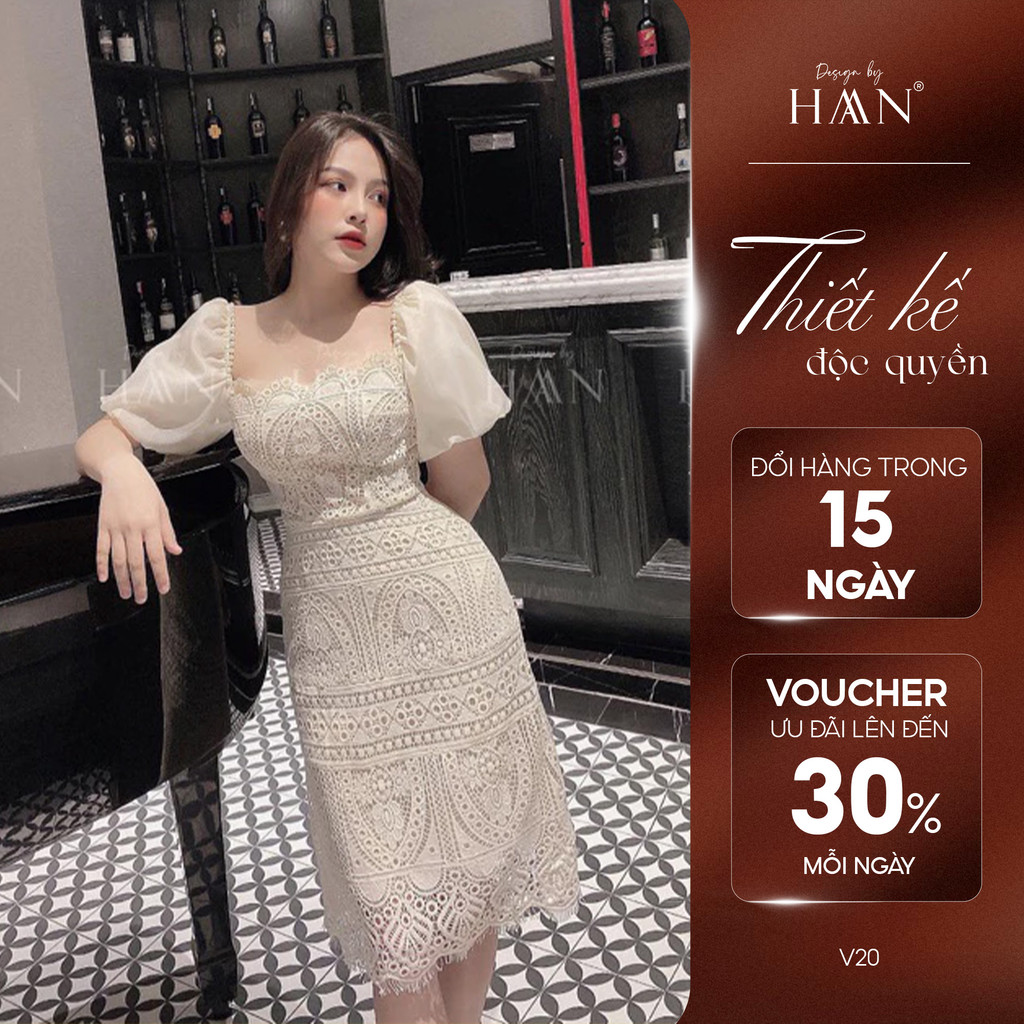 Váy ren cổ vuông HAANDESIGN MINA thiết kế chất liệu Ren cao cấp lót lụa mềm đẹp màu kem (V20)