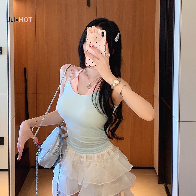 Camisole định hạt dây giả hai miếng style Y2K dopamine dành cho nữ mùa hè