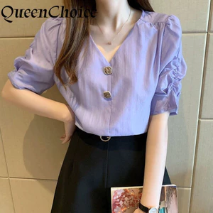 Áo sơ mi nữ màu tím mỏng, phong cách Hàn Quốc với tay phồng voan nhẹ nhàng cho mùa hè