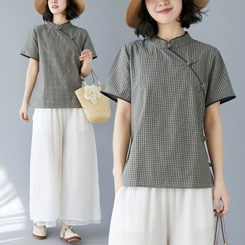 Mới Sườn Xám Trung Quốc Plus Kích Thước Cải Tiến Sườn Xám Retro Cotton Kẻ Sọc Khóa Tay Ngắn Đứng Cổ Áo Cải Tiến Quần Áo Nữ