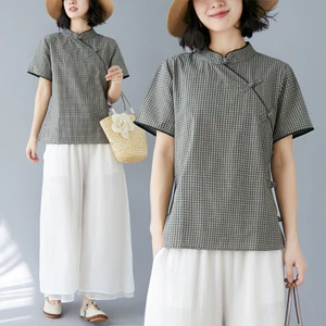 Mới Sườn Xám Trung Quốc Plus Kích Thước Cải Tiến Sườn Xám Retro Cotton Kẻ Sọc Khóa Tay Ngắn Đứng Cổ Áo Cải Tiến Quần Áo Nữ