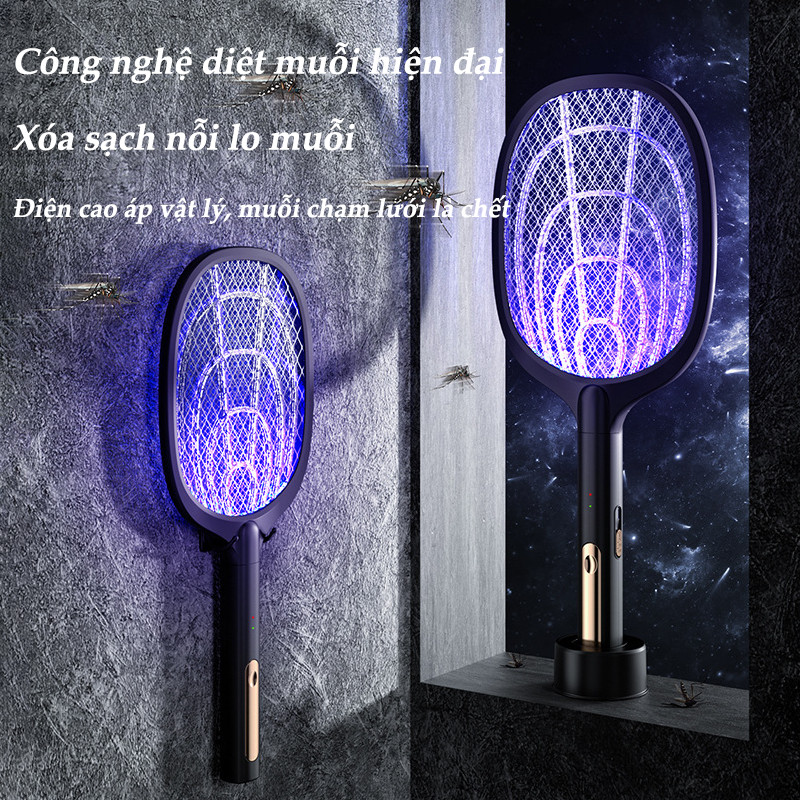 Vợt Muỗi Thông Minh 2 Trong 1 (Vợt + Đèn Bắt Muỗi) - Có Đế Sạc Tiện Lợi, Đèn Tím Thu Hút Côn Trùng, An Toàn & Bền Bỉ