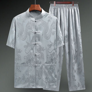 Hàng sẵn có - Vận chuyển nhanh: Áo tang suit nam Ice Silk tay ngắn, phù hợp mùa hè cho người lớn tuổi.