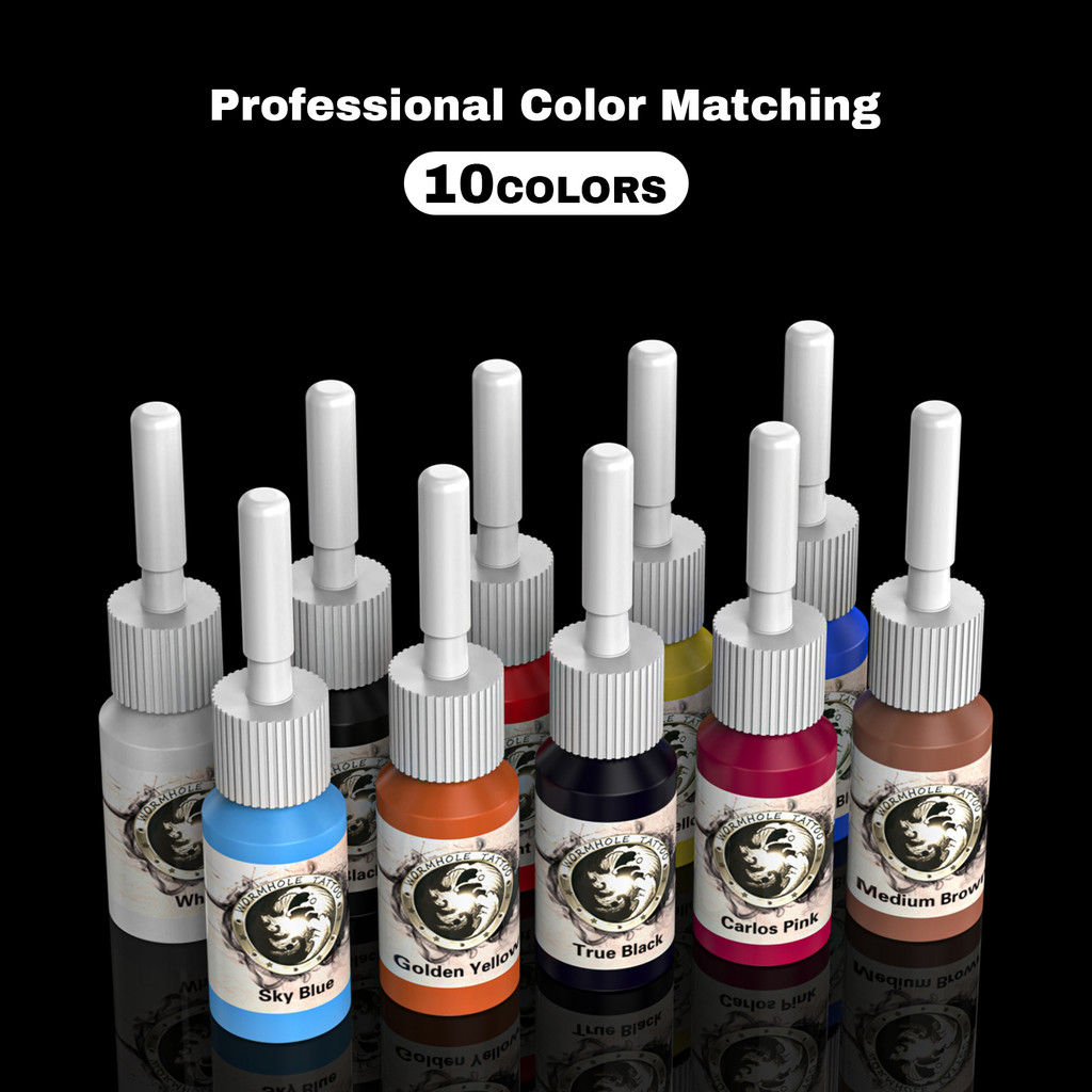 Bộ dụng cụ mực xăm sống động cung cấp kết hợp 1, 5, 7, 8, 10 và 20 màu — lâu trôi và chống phai, phù hợp cho người mới bắt đầu và nghệ sĩ xăm hình chuyên nghiệp.