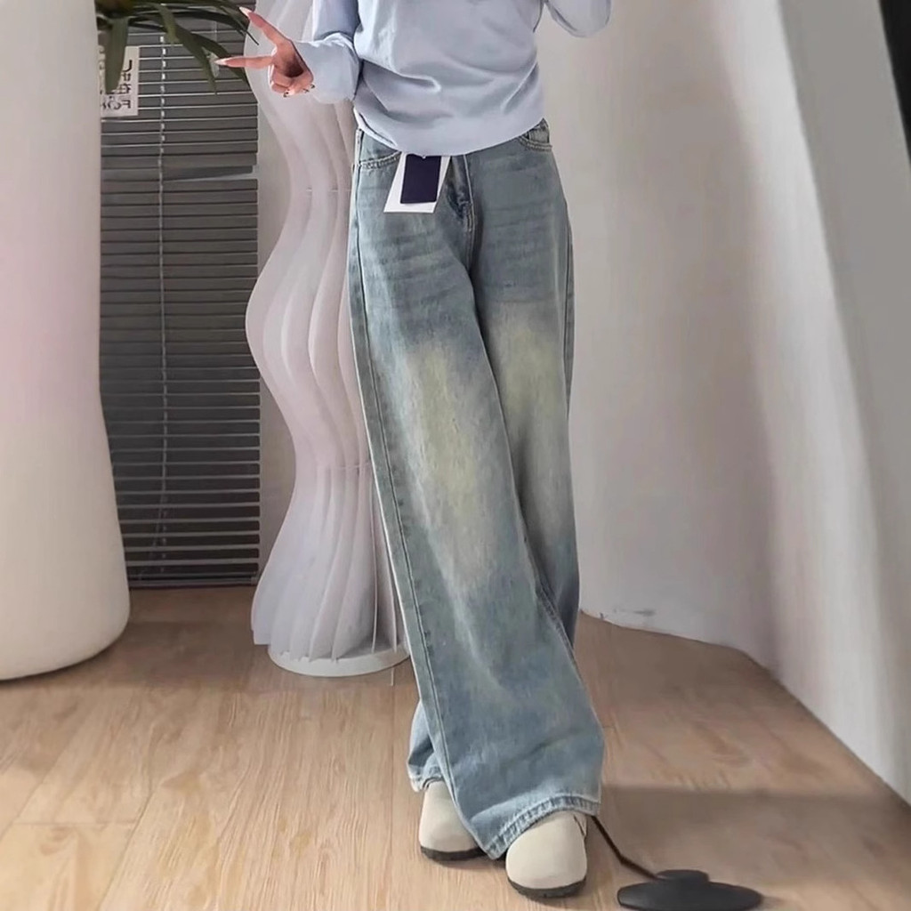 Nữ Quần Jean Cao Cấp Retro Màu Ánh Sáng, Form Rộng Ôm Dáng