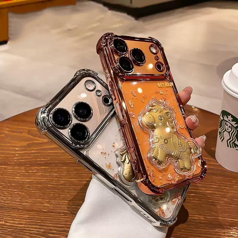 Ốp điện thoại trong suốt 3D Rich Golden Horse cho iPhone 17 16 15 14 13 12 11 ProMax Air Plus Vỏ mềm mạ chống sốc