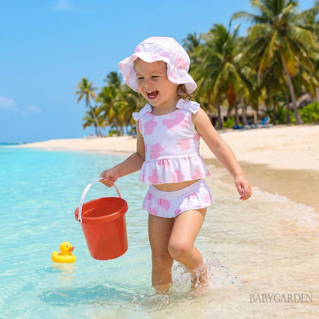 Bộ Đồ Bơi Cho Bé Gái Tập Đi In Hình Không Tay Xù Áo Bơi Quần Có Mũ Chống Nắng 3 Bộ Đồ Tắm Trang Phục
