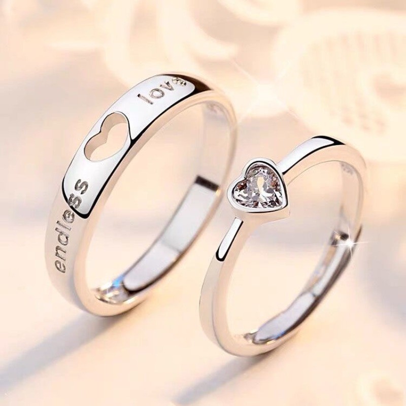 Nhẫn cặp đôi kim cương hình trái tim, thiết kế rỗng tinh tế - quà tặng hoàn hảo cho ngày lễ tình nhân