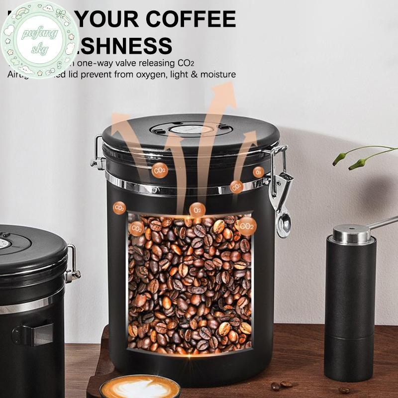 Hộp đựng cà phê PUSKY kín khí Van một chiều bằng thép không gỉ Hộp đựng thực phẩm nhà bếp có ngày trao đổi và muỗng cho xay cà phê 1.2 1.5 1.8L VN