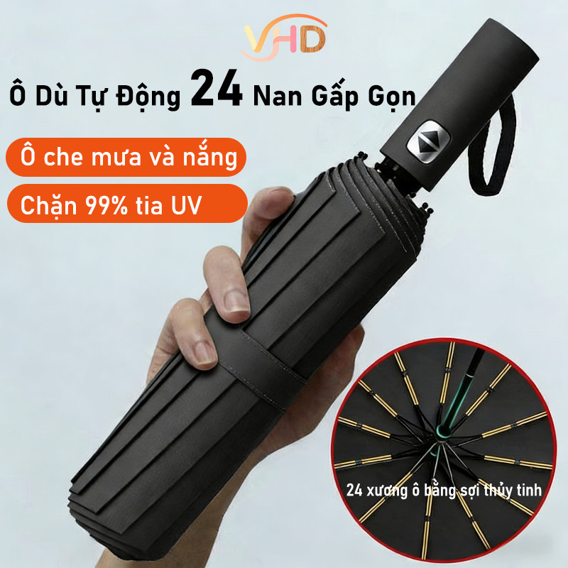 Ô Dù Tự Động 24 Nan Gấp Gọn - Bấm 2 Chiều, Size Lớn, Chống UV & Che Mưa Hiệu Quả, Đa Năng Tiện Lợi