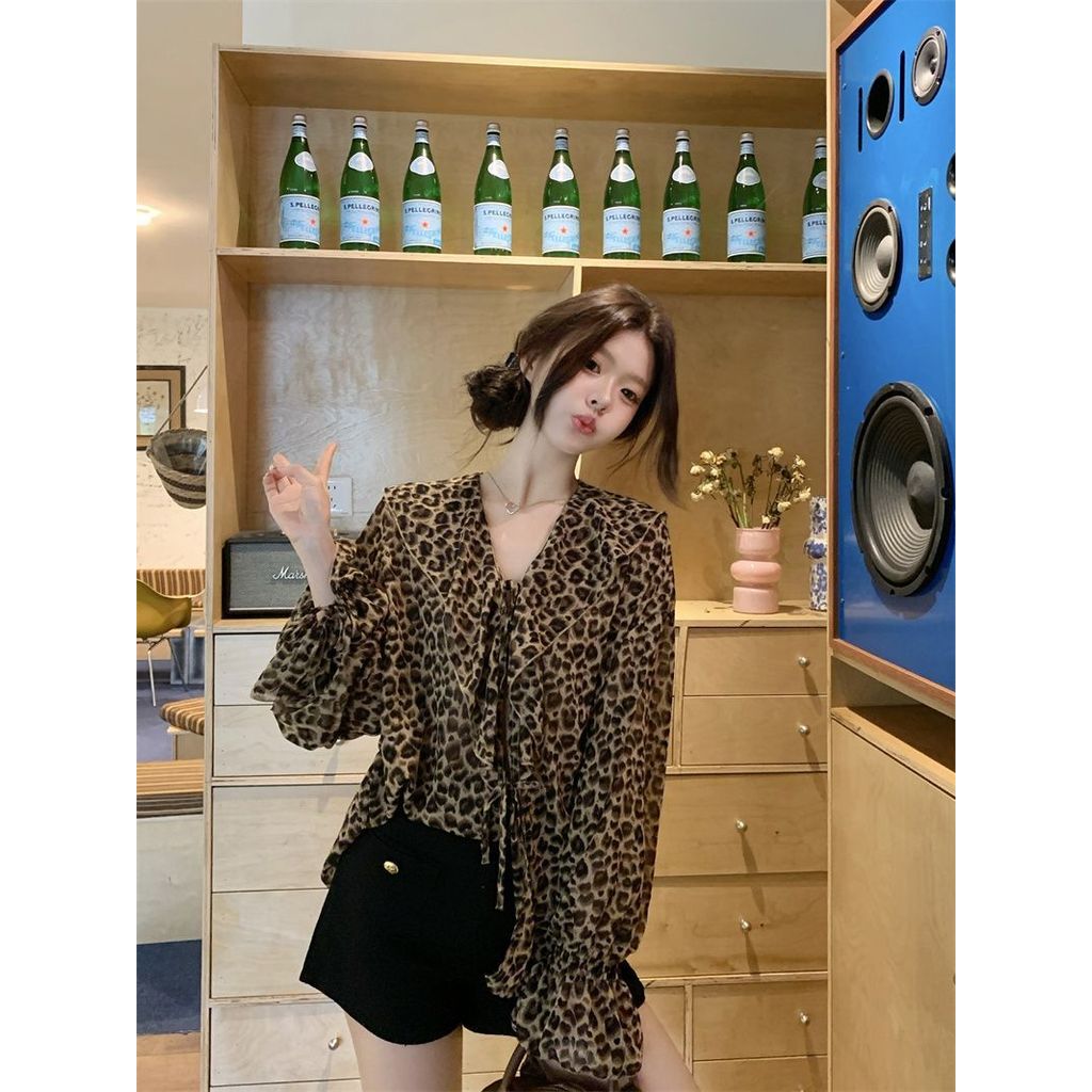 Áo Sơ Mi Nữ Đầu Thu Mới Nguyên Chất Lust Phong Cách Hottie Dây Đeo Cổ Chữ V Xù Da Báo In Rời Giảm Béo Dài Tay Áo Sơ Mi Top Dành Cho Nữ