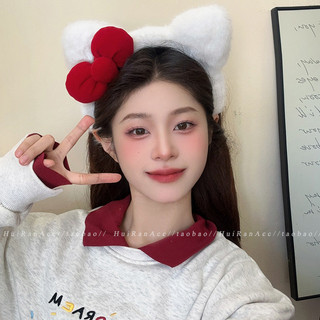 Bờm cài tóc tai mèo lông xù nơ đỏ màu trắng siêu cute cho bạn nữ