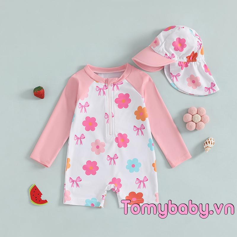 Bộ đồ bơi dài tay cho bé gái mới biết đi Họa tiết hoa / Nơ / Dâu tây có dây kéo nửa dây kéo chống đóng cọc Đồ bơi có bộ Sunhat