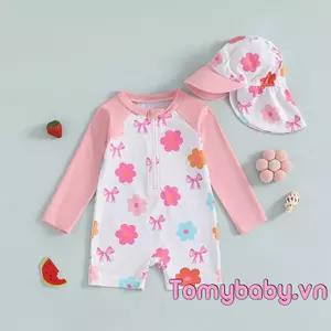 Bộ đồ bơi dài tay cho bé gái mới biết đi Họa tiết hoa / Nơ / Dâu tây có dây kéo nửa dây kéo chống đóng cọc Đồ bơi có bộ Sunhat
