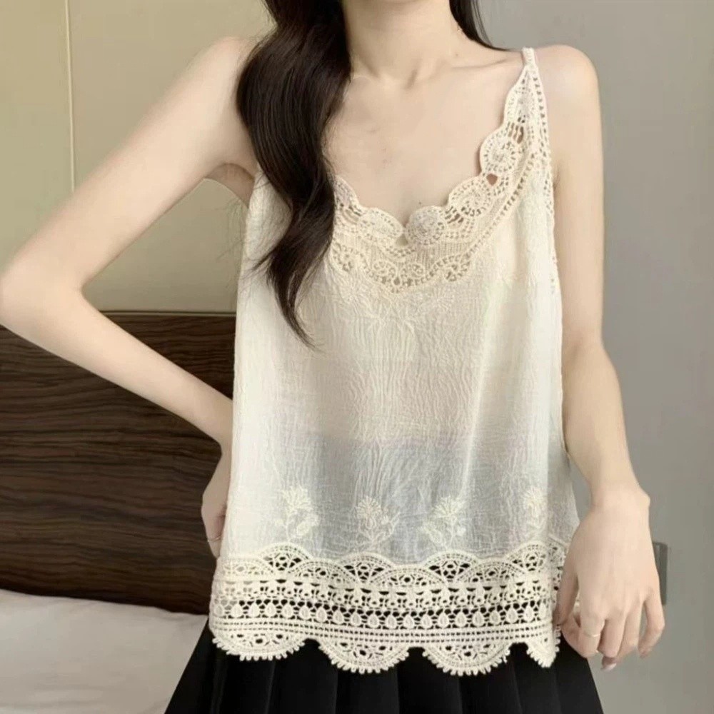 Áo Vest Phong Cách Bohemia CHIPHIVE, Mặc Đi Biển Mùa Hè Áo Viền Ren, Thanh Lịch Rời Cổ Chữ V Ngọt Ngào Không Tay Tiệc