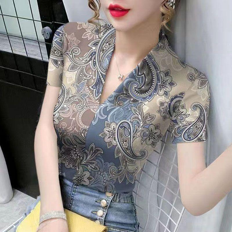Áo thun nữ cổ chữ V slim-fit chất liệu lụa lạnh, phong cách phương Tây, xu hướng xuân hè