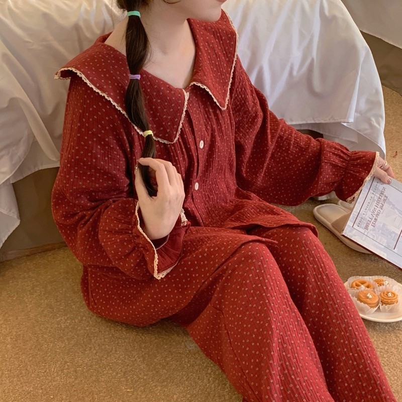 Phong Cách Hàn Quốc Đỏ Nhỏ Hoa Dài Tay Quần Bộ Đồ Ngủ Nữ Xuân Thu Đông Rời Ren Loungewear Phù Hợp Với