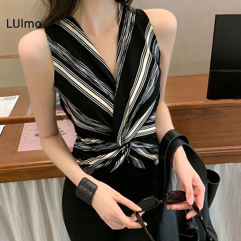 LUImo Áo sơ mi nữ retro sọc vest pleats mỏng dệt kim không tay