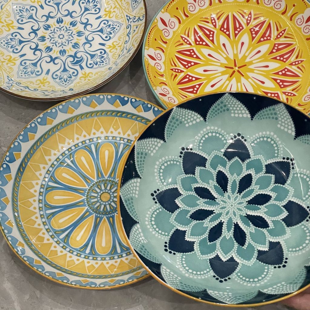 ❤️Bán chạy❤️Bốn Gói 8.15 Inch Bohemian Underglaze Đĩa Màu Súp Sâu Đĩa Cơm Gốm Bộ Đồ Ăn Hộ Gia Đình
