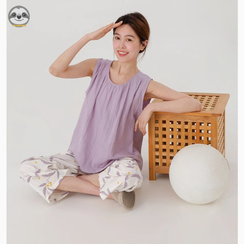 Bộ đồ ngủ không tay cổ tròn Cotton nguyên chất mùa hè dành cho nữ / Bộ đồ không tay cao cấp bằng sợi đôi / Mềm mại mát mẻ có thể mặc Quần dài đến mắt cá chân bên ngoài Bộ đồ ngủ
